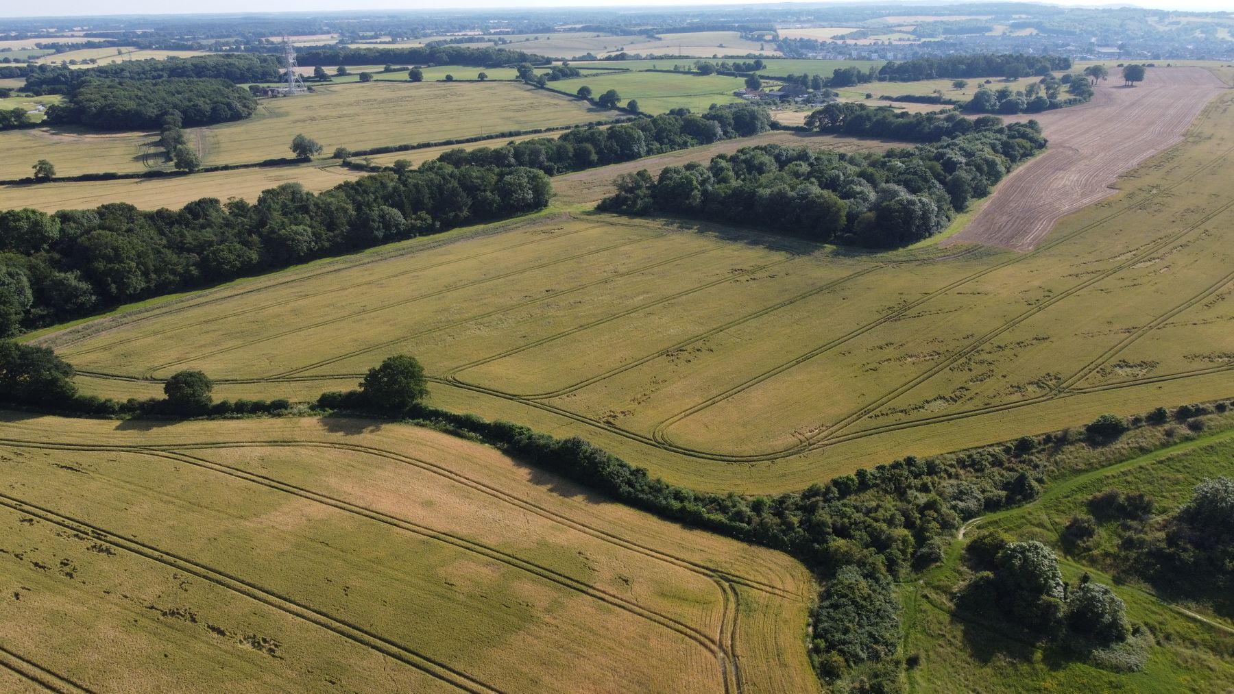 Harvested and grass fields seen from the air, Bedfordshire