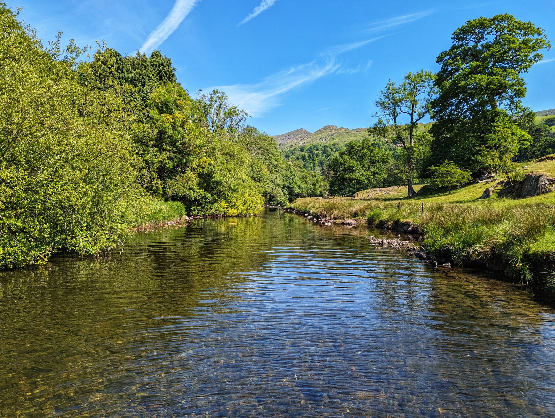 A clear river over gravel with trees on both banks